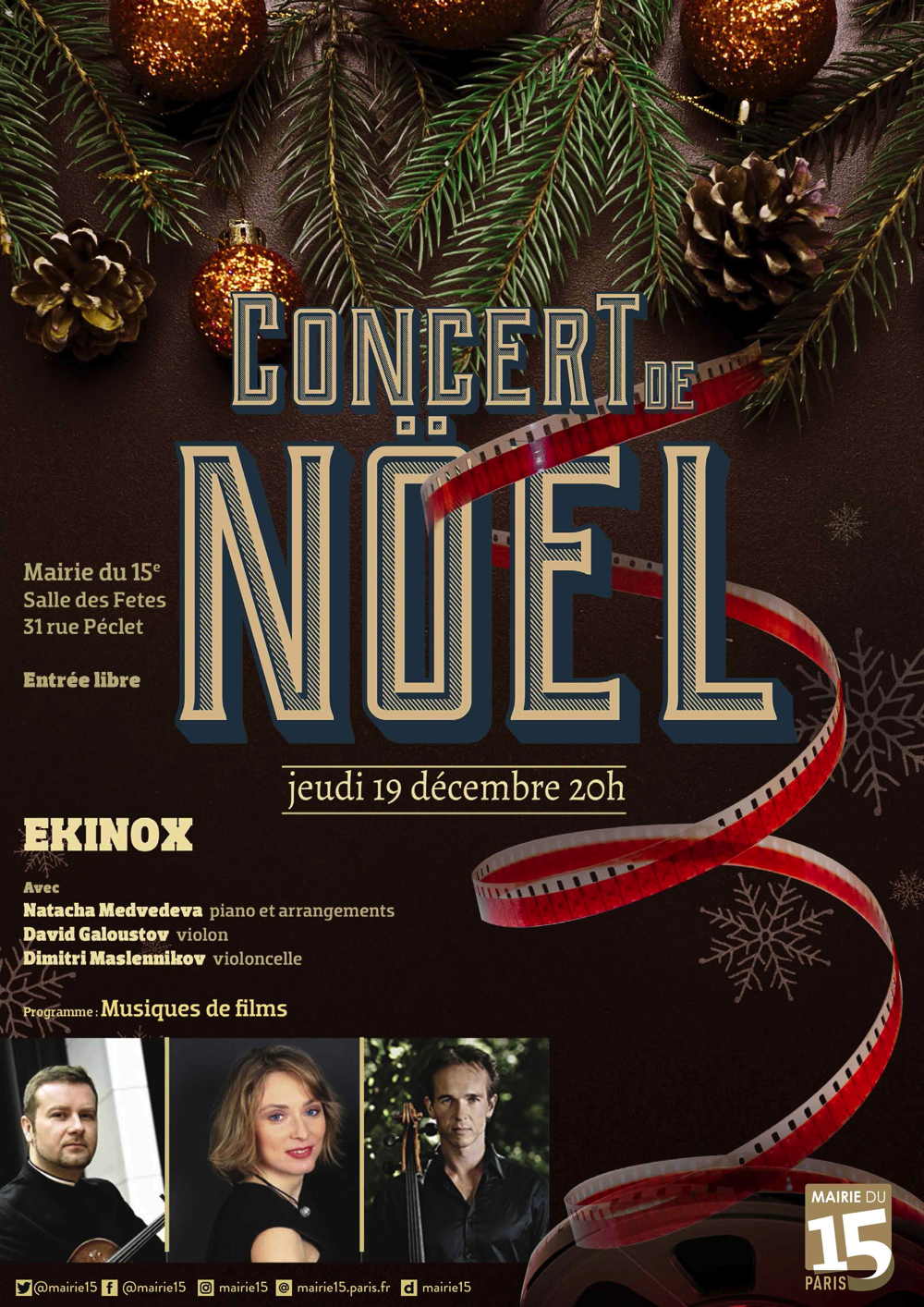 Affiche. Paris. Trio EKINOX. Concert de Noël. Musiques de films. 2019-12-19